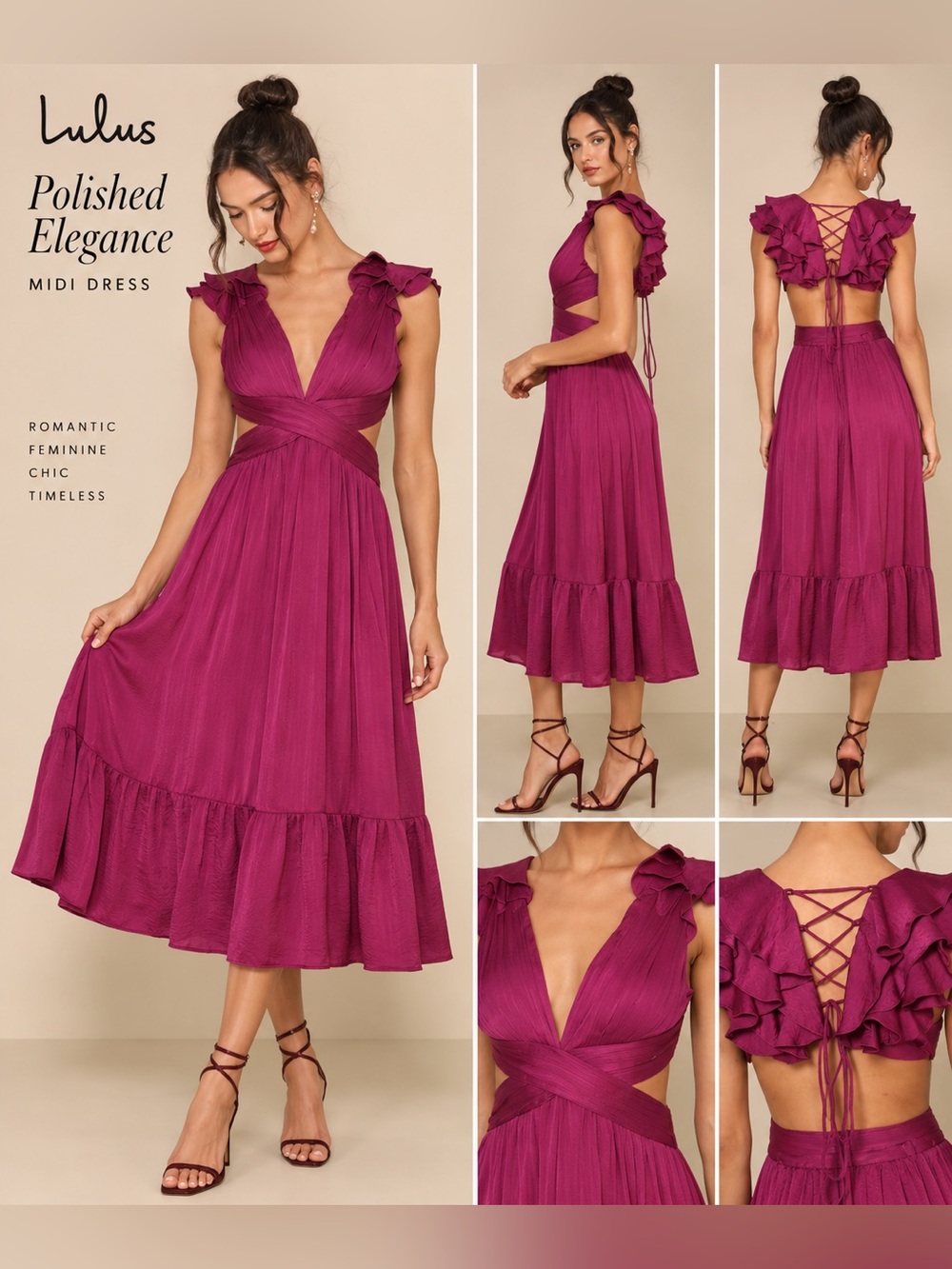 Lulus Polished Elegance Plum Purple Ruffle Lace-Up Midi Dress L